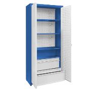 Universal cabinet: 4 painted shelves, 2 small sets of drawers, perforated boards