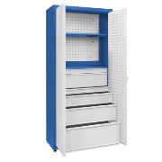 Universal cabinet: 2 painted shelves, 1 small and 1 large drawer set, perforated boards
