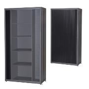 Roller shutter cabine with narrow shelves and perforated panel