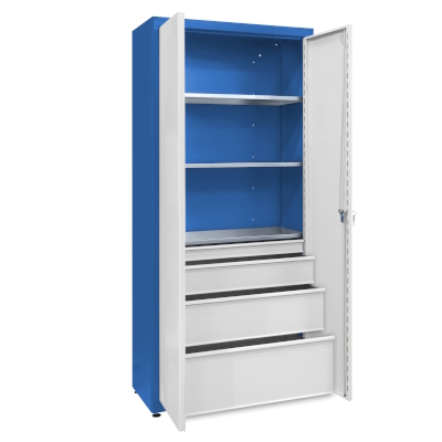 JOTKEL|23172|
Universal cabinet: 3 galvanised shelves, 1 large set of drawers