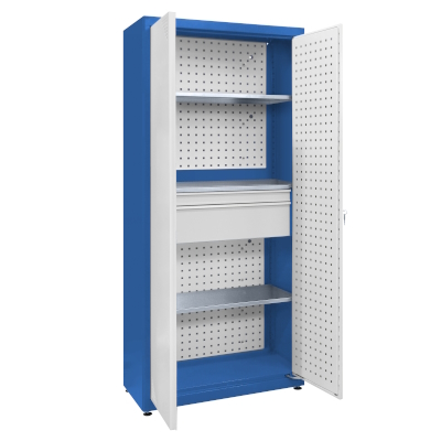 JOTKEL|23173|Universal cabinet: 3 galvanised shelves, 1 small set of drawers, perforated boards