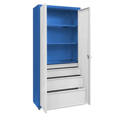 JOTKEL|23182|
Universal cabinet: 3 painted shelves, 1 large set of drawers
