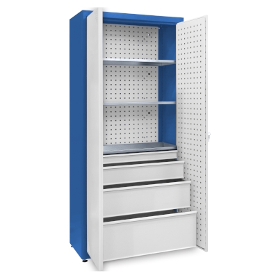 JOTKEL|23184|Universal cabinet: 3 galvanised shelves, 1 large set of drawers, perforated boards