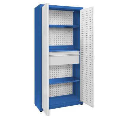 JOTKEL|23187|Universal cabinet: 3 painted shelves, 1 small set of drawers, perforated boards