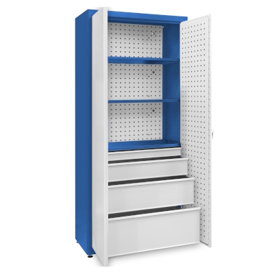 JOTKEL|23188|Universal cabinet: 3 painted shelves, 1 large set of drawers, perforated boards