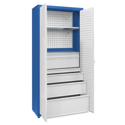 JOTKEL|23191|Universal cabinet: 2 galvanised shelves, 1 small and 1 large drawer set, perforated boards