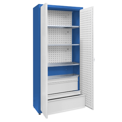 JOTKEL|23193|Universal cabinet: 4 galvanised shelves, 2 small sets of drawers, perforated boards