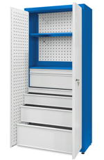 Universal cabinet with perforated: 2 painted shelves, 1 large and 1 small drawer set, perforated boards