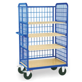 Shelf truck with three shelves and mesh sides
