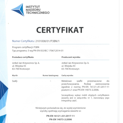Szafki szkolne Jotkel - Certyfikat Zgodności został wydany przez Instytut Nadzoru Technicznego Szafki szkolne Jotkel - Certyfikat Zgodności został wydany przez Instytut Nadzoru Technicznego